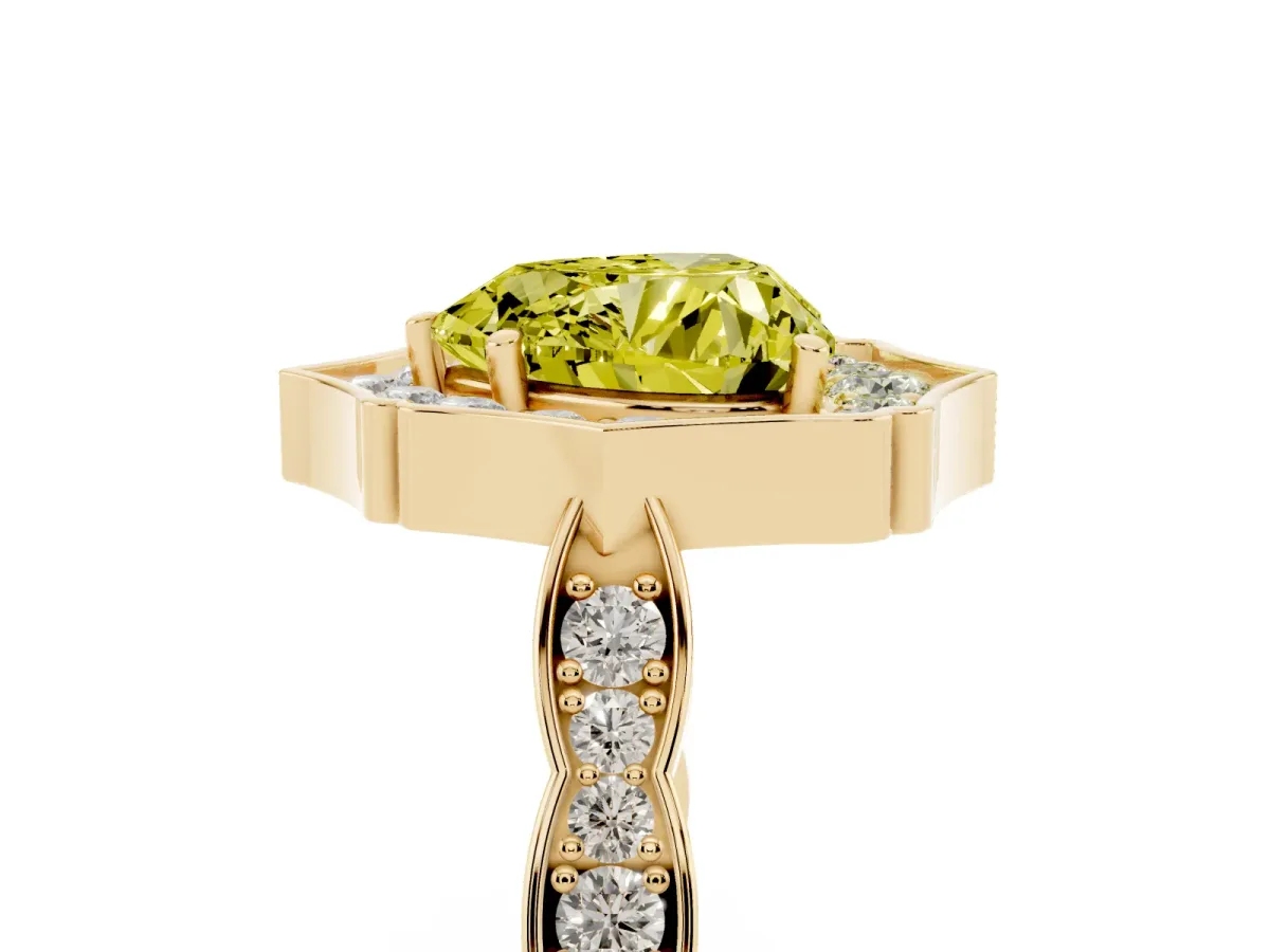 Fancy Yellow Heart Cut Halo Diamond Engagement Ring with Milgrain Band and Four-Prong Setting Yellow gold