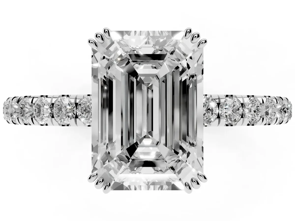 Emerald Cut Brilliant Solitaire with Pavé Band and Claw Prong Setting Silver