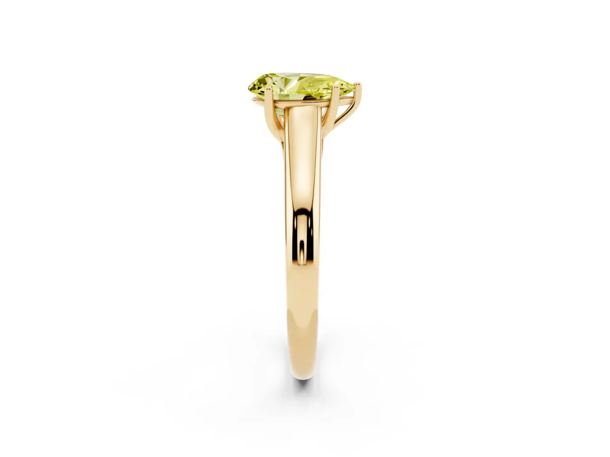 Fancy Yellow Pear Cut Solitaire Engagement Ring with Tapered Band and Four-Prong Setting Yellow gold
