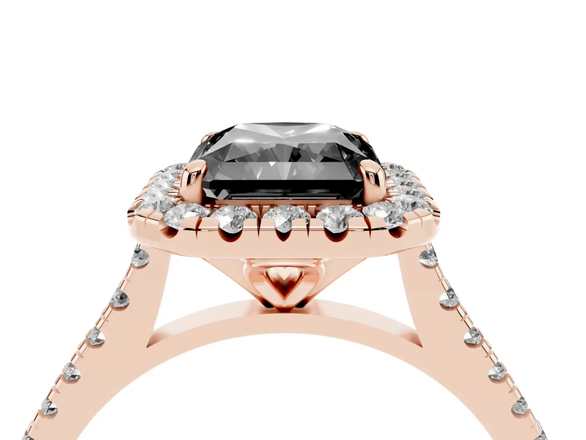 Fancy Black Radiant Cut Diamond Cushion Halo Ring with Pavé Band Rose gold