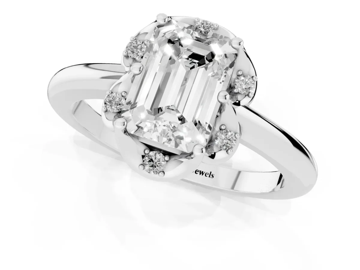 Emerald Cut Halo Diamond Ring with Round Cluster Setting, Solitaire Band, and Four-Prong Setting Silver