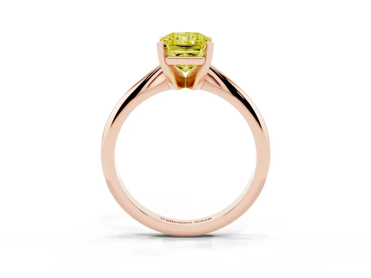 Fancy Yellow Radiant Cut Cut Solitaire Ring with Four-Prong Setting on a Classic Band Rose gold