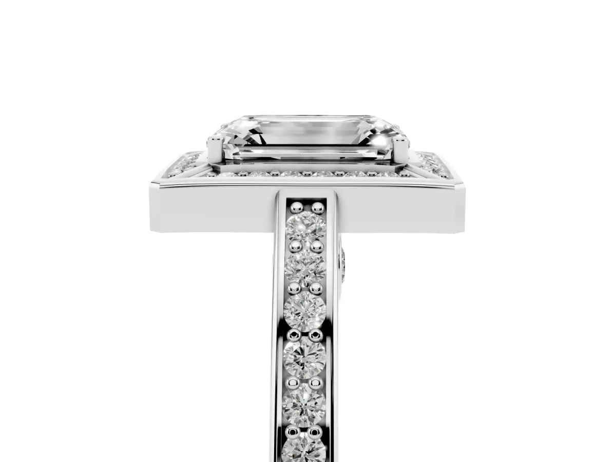 Emerald Cut Cut Halo Pave Split Shank Prong Setting Ring Silver