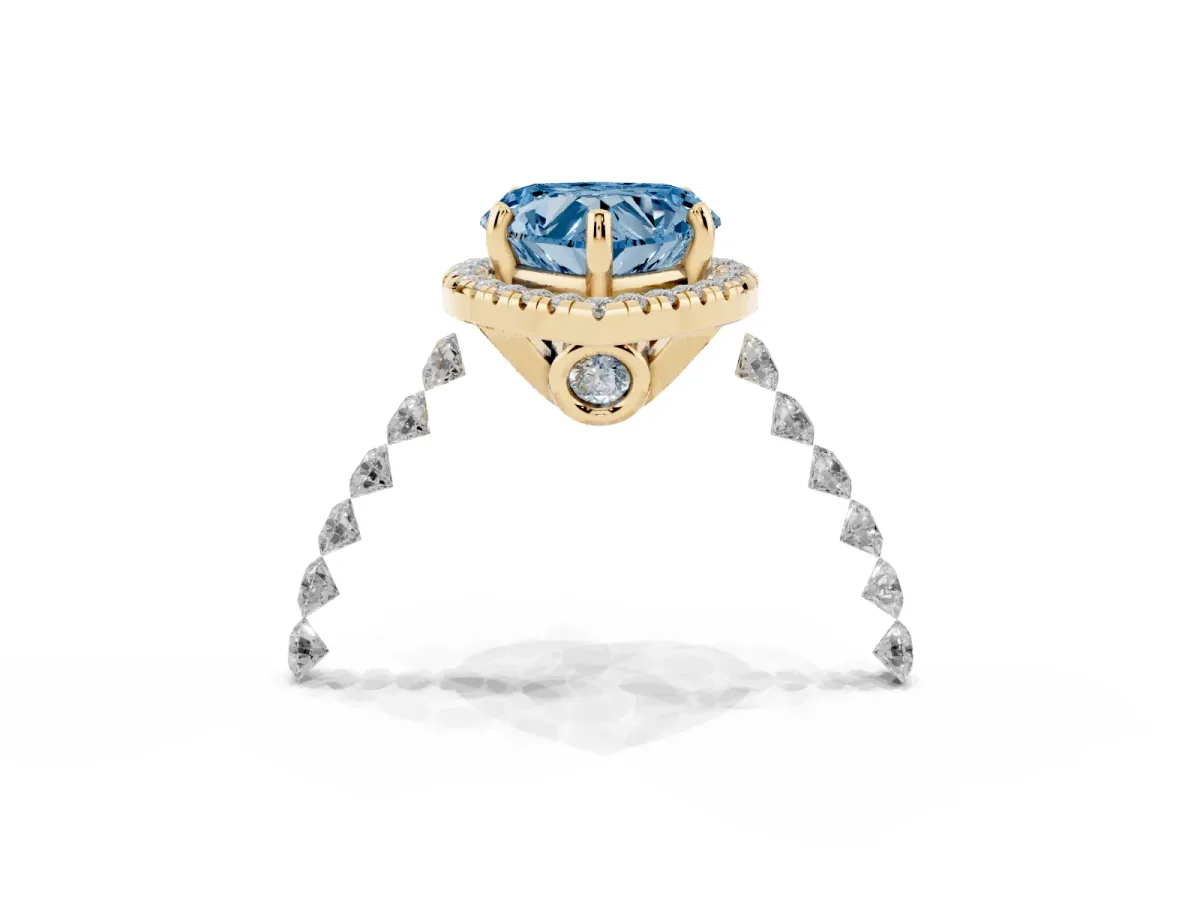 Fancy Blue Heart Cut Halo Pavé Diamond Engagement Ring with Four-Prong Setting Yellow gold