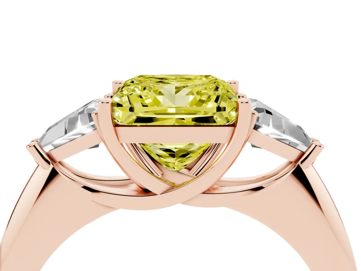 Fancy Yellow Three-Stone Princess Cut Diamond Engagement Ring with Trillion Side Stones and Prong Setting Rose gold