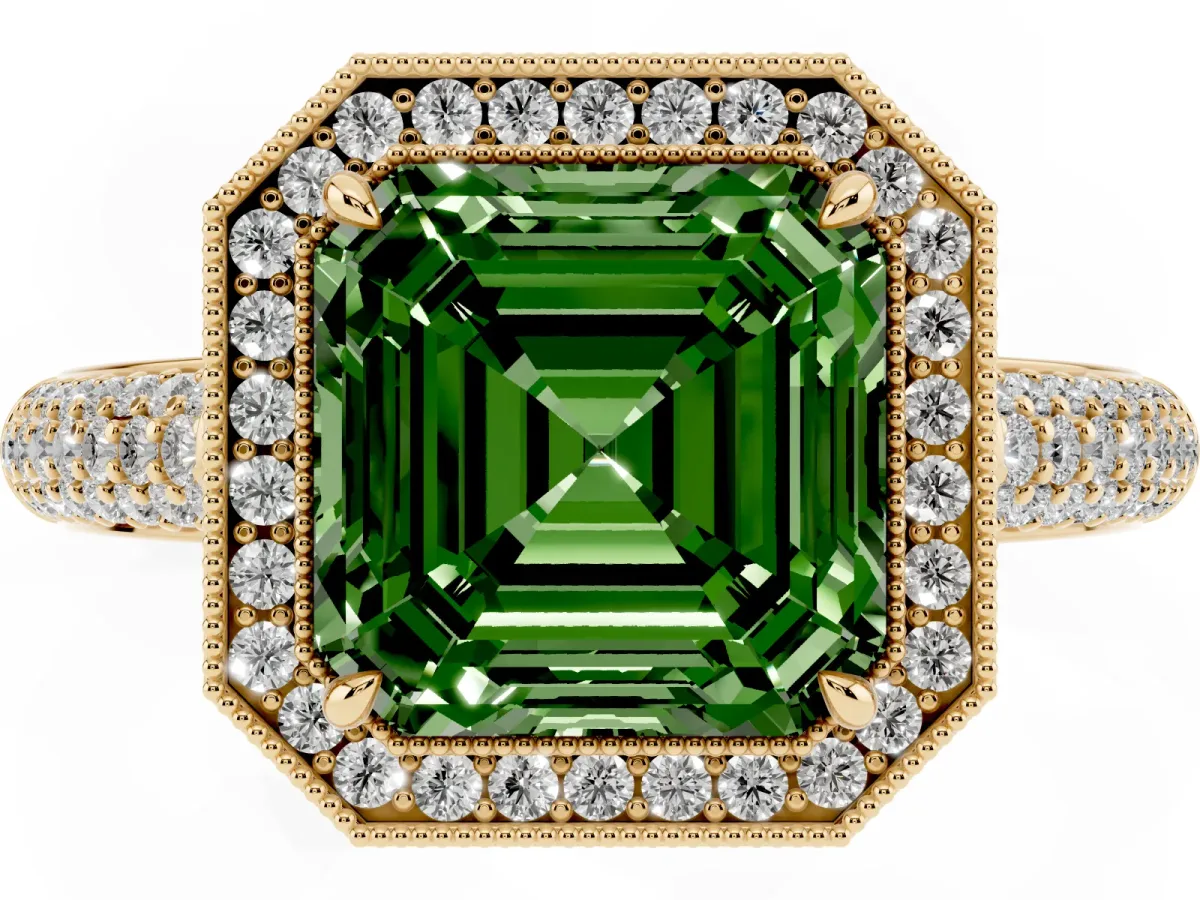 Fancy Green Asscher Cut Cut Halo Diamond Pave Band with Four-Prong Setting Yellow gold