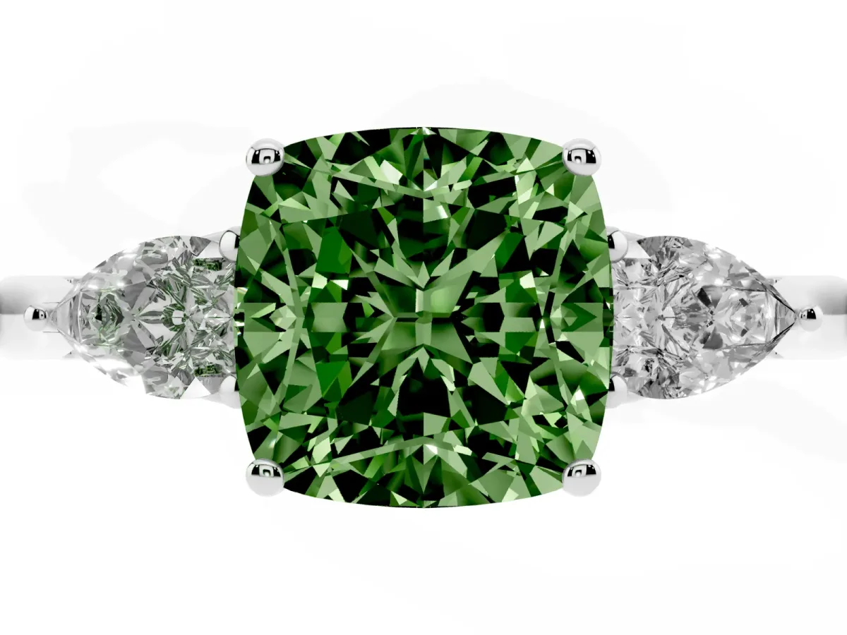 Fancy Green Cushion Cut Diamond Three-Stone Ring with Pear Side Stones and Prong Setting Silver