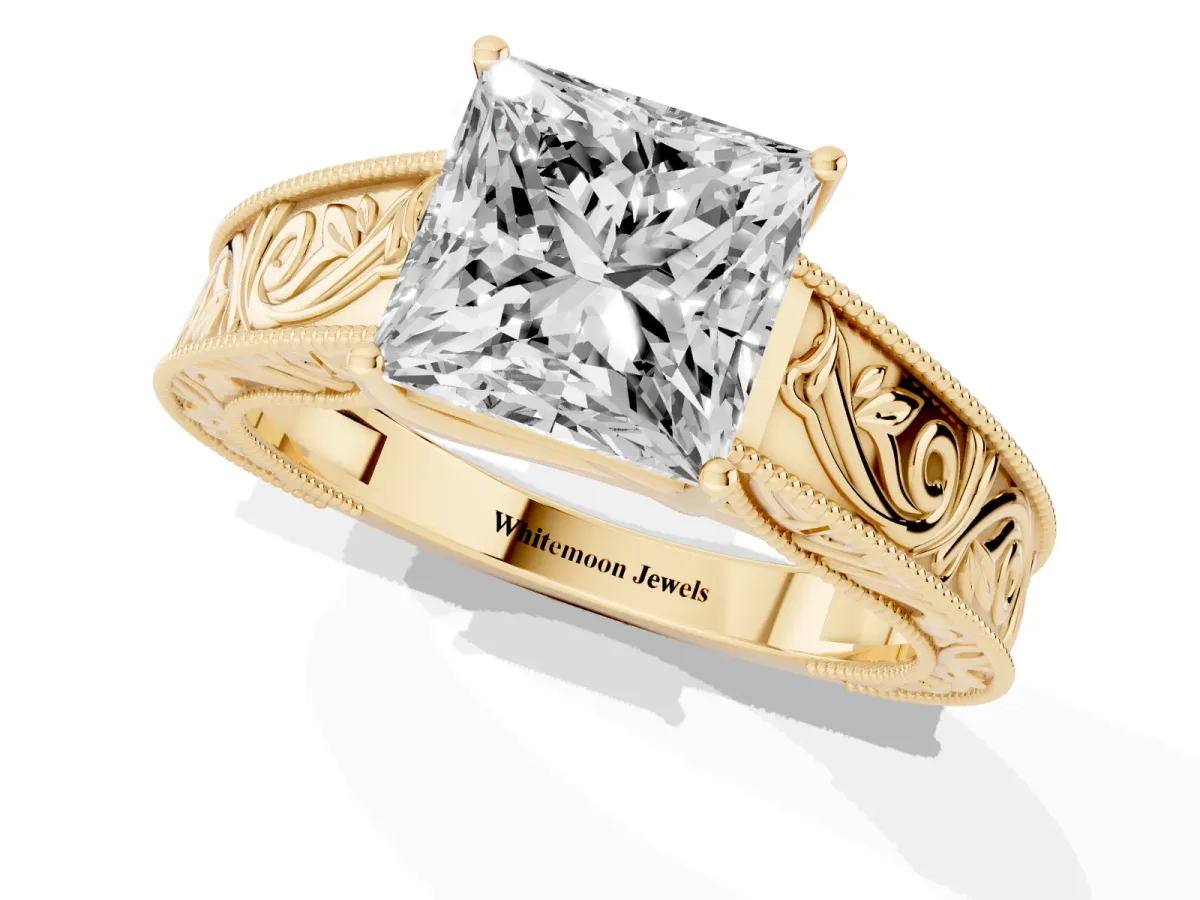 Princess Cut Diamond Solitaire Ring with Engraved Band and Four-Prong Setting Yellow gold