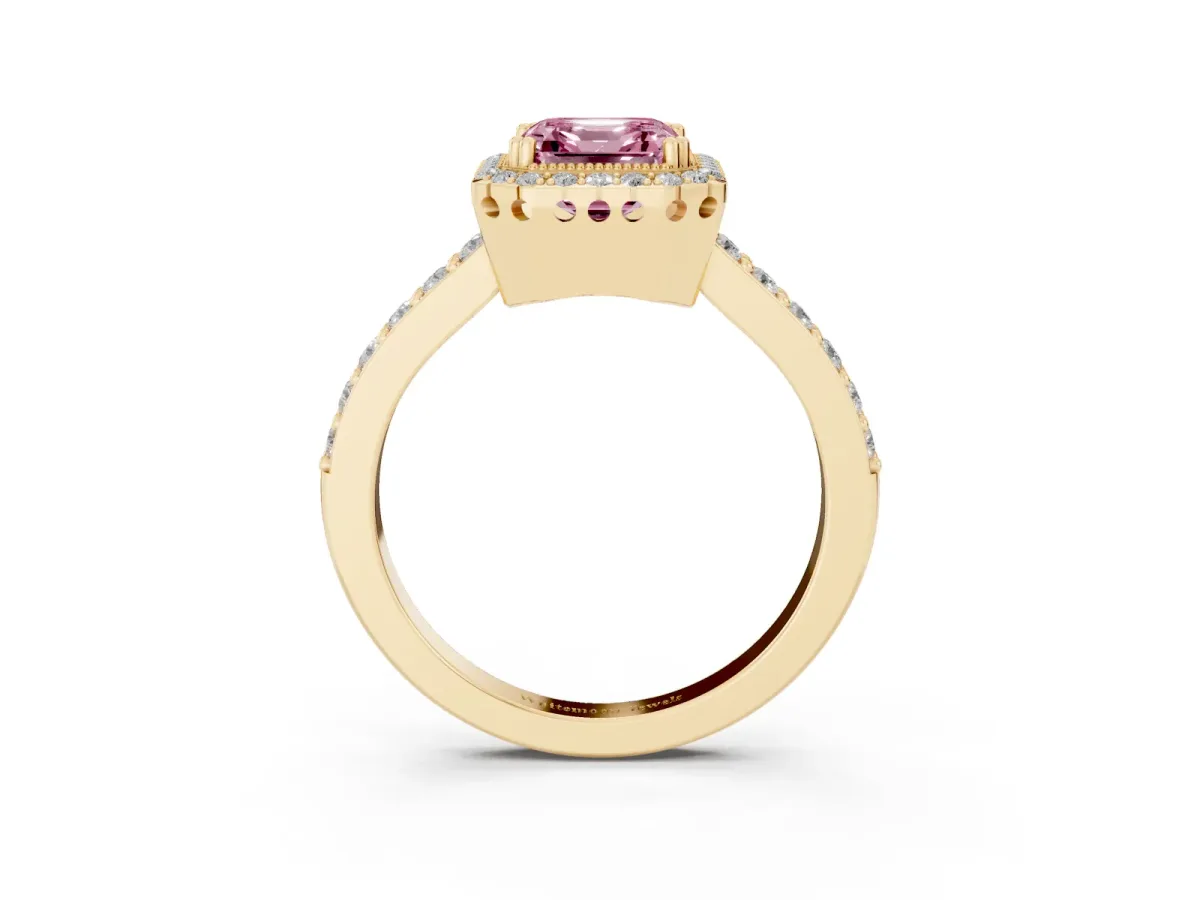 Fancy Pink Asscher Cut Cut Diamond Halo Engagement Ring with Milgrain Detail and Pavé Band Yellow gold