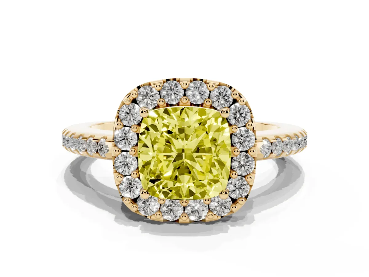 Fancy Yellow Cushion Cut Diamond Pavé Halo Ring with Four-Prong Setting Yellow gold