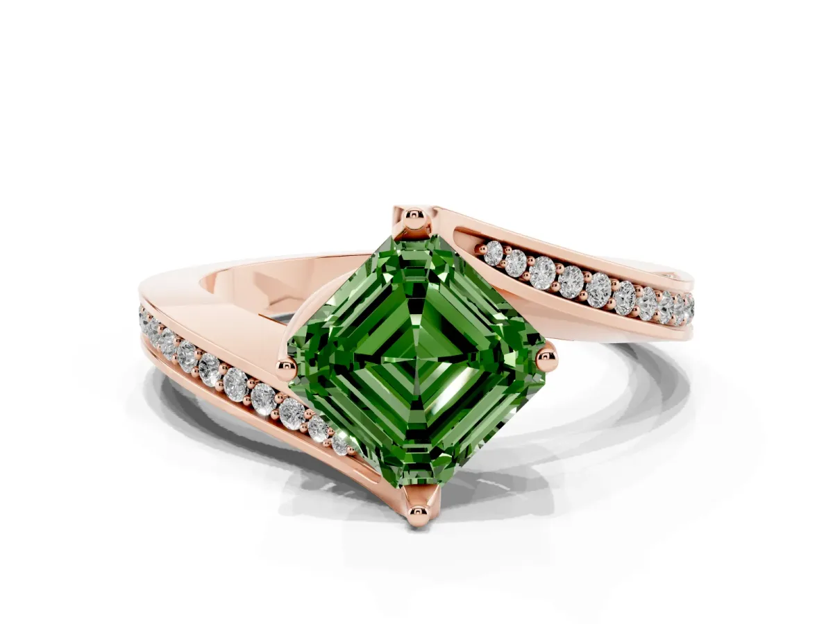 Fancy Green Asscher Cut Solitaire Diamond Twist Band with Pavé Setting and Four-Prong Setting Rose gold
