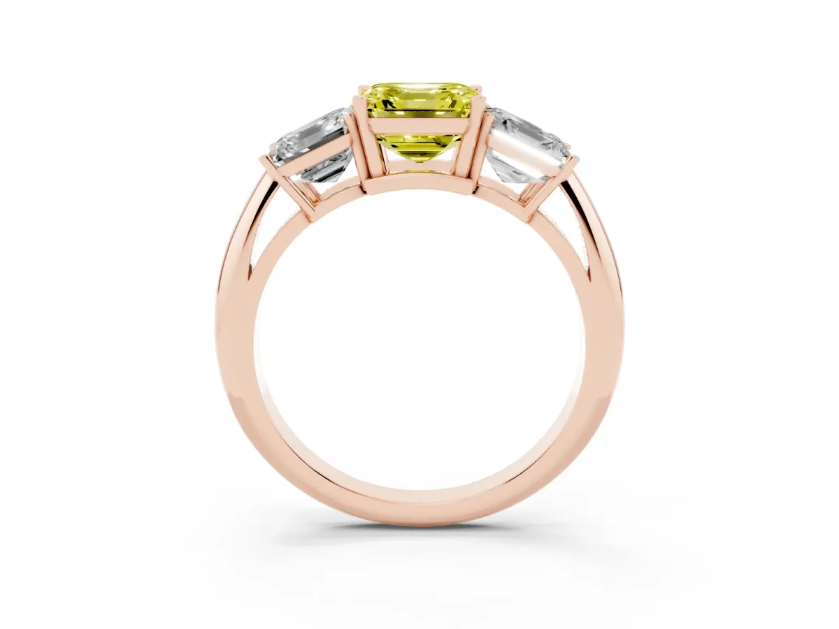 Fancy Yellow Three-Stone Asscher Cut Cut Diamond Engagement Ring with Prong Setting on a White Gold Band Rose gold