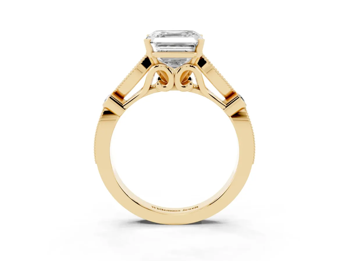 Asscher Cut Cut Diamond with Milgrain Marquise and Bezel Accents on a Solitaire Band with Prong Setting Yellow gold