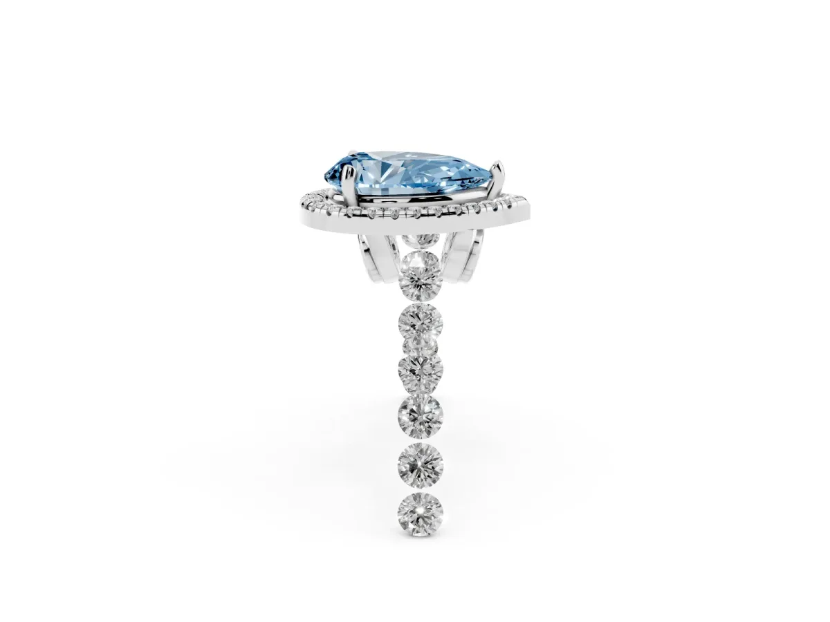 Fancy Blue Pear Cut Halo Pavé Diamond Engagement Ring with Four-Prong Setting Silver