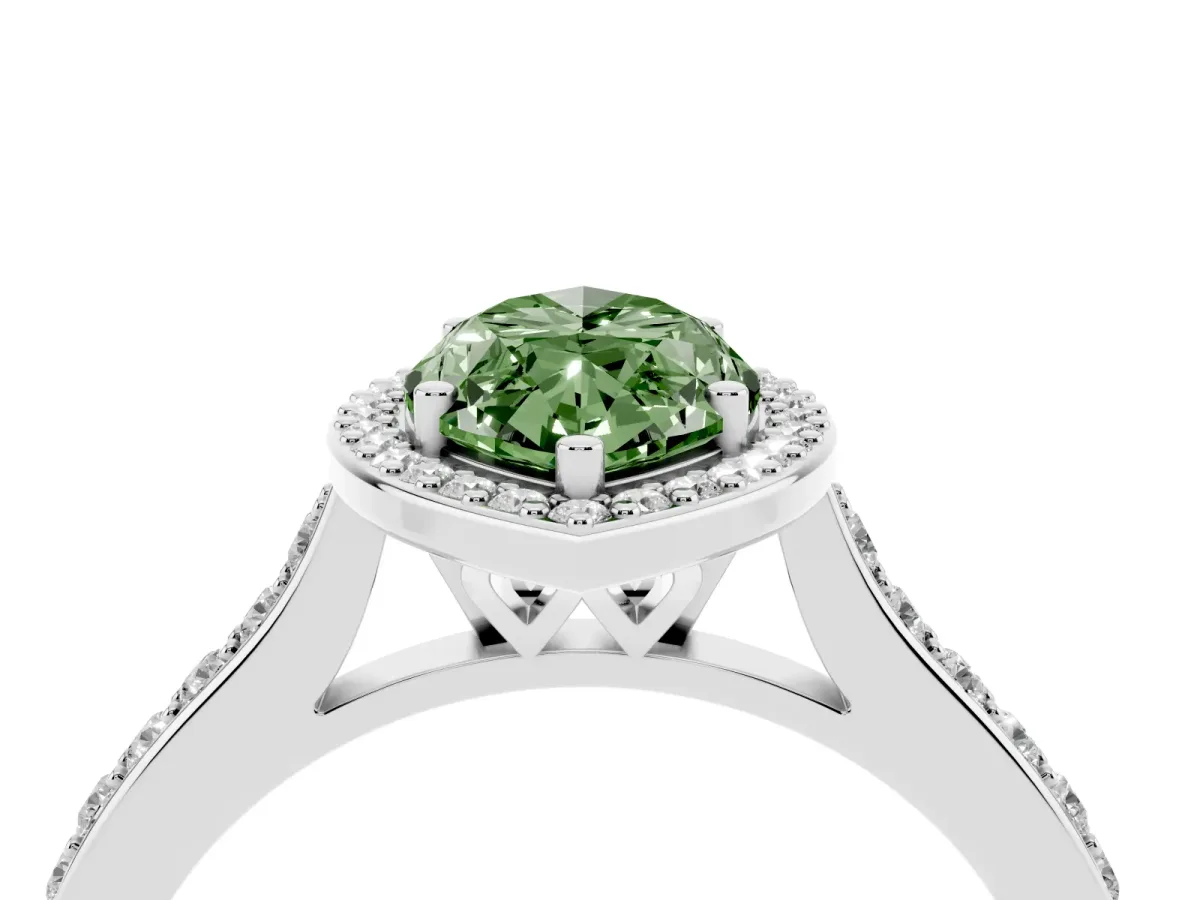 Fancy Green Marquise Cut Diamond Halo Engagement Ring with Round Pavé Shoulders and Prong Setting White gold