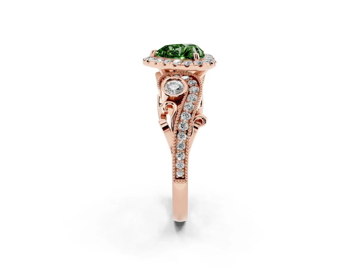 Fancy Green Heart Cut Halo Diamond Ring with Milgrain and Bezel Accents on a Split Shank Band Rose gold