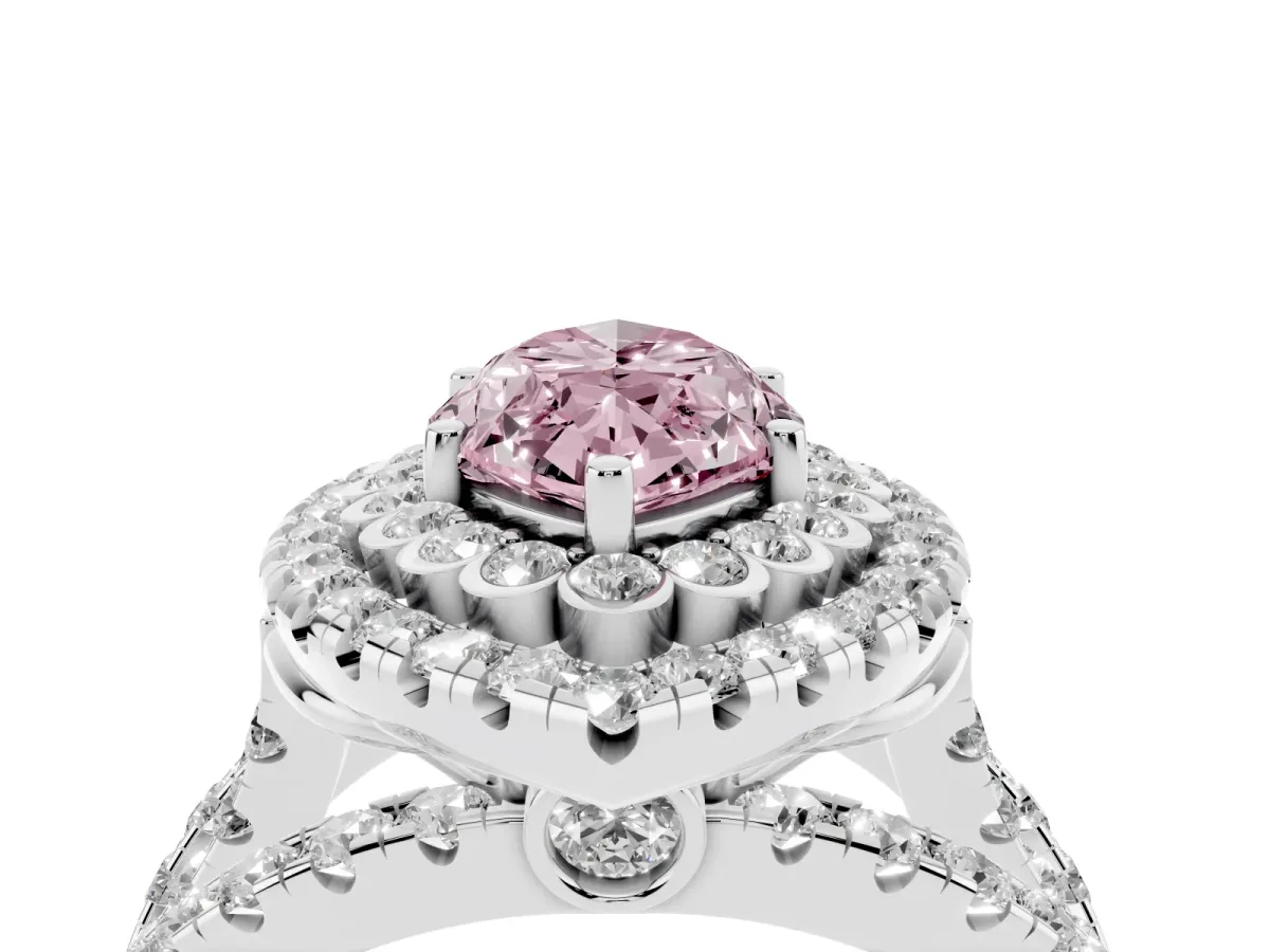 Fancy Pink Marquise Cut Diamond Double Halo Ring with Round Pavé Split Shank and Prong Setting Silver