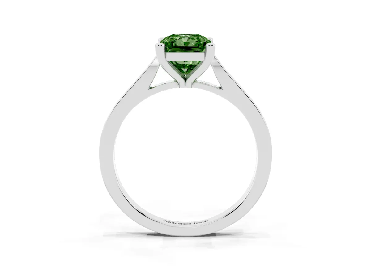 Fancy Green Radiant Cut Solitaire Diamond Ring with Four-Prong Setting and Tapered Band Silver