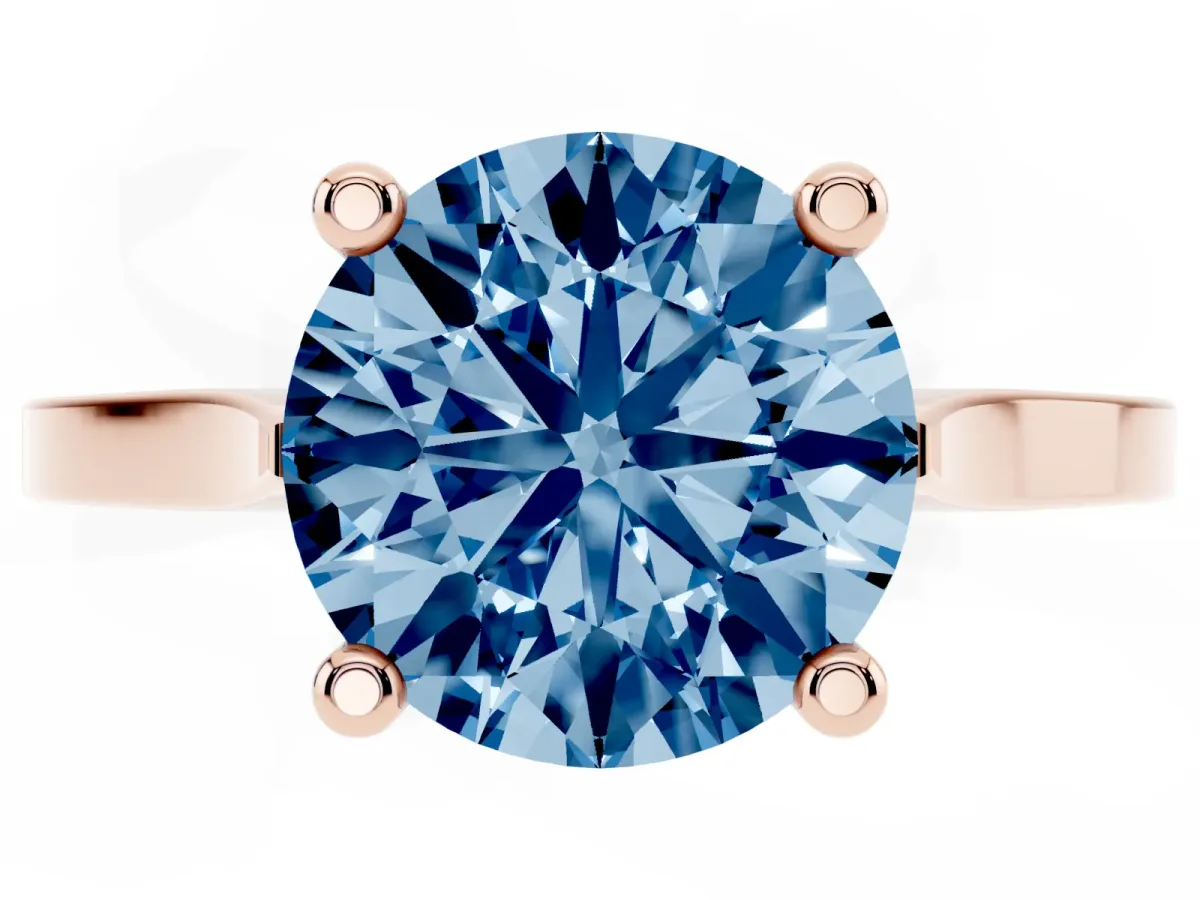Fancy Blue Round Cut Solitaire Diamond Ring with Four-Prong Setting and Tapered Band Rose gold