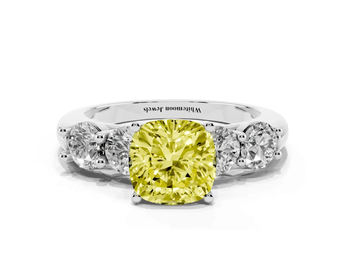 Fancy Yellow Cushion Cut Cut Five-Stone Prong Set Diamond Ring with Classic Band Silver
