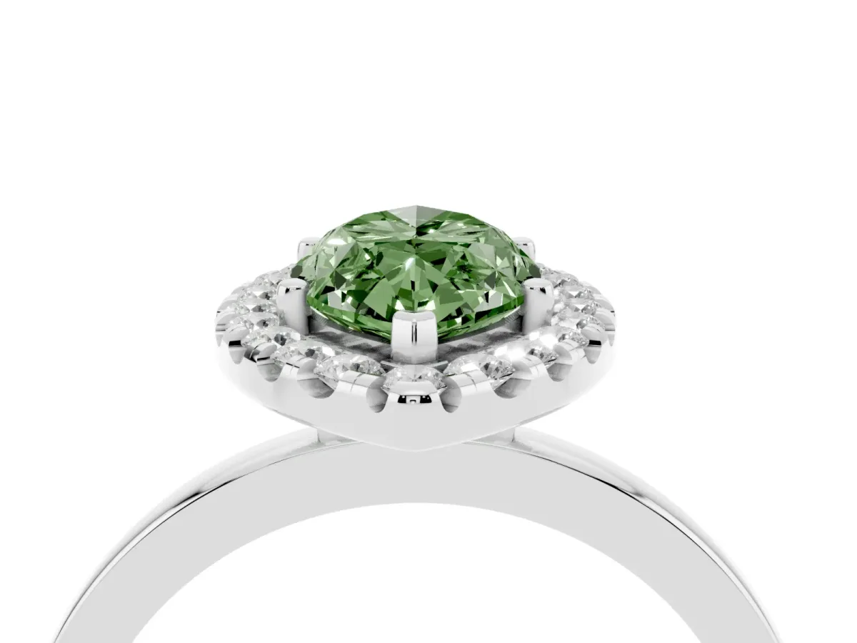 Fancy Green Marquise Cut Halo Diamond Solitaire with Pavé Band and Four-Prong Setting White gold