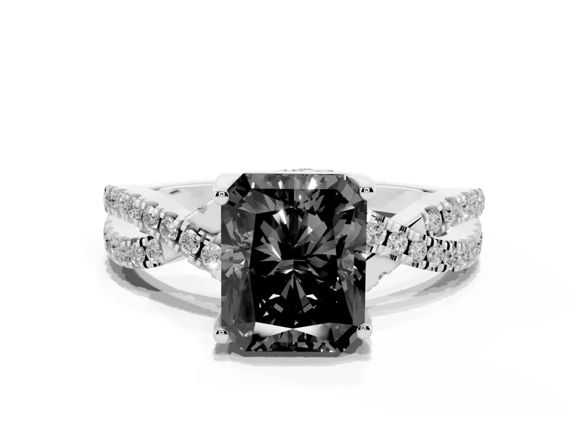 Fancy Black Radiant Cut Solitaire Twist Pave Diamond Engagement Ring with Prong Setting Silver