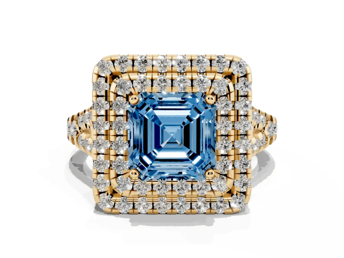 Fancy Blue Double Halo Asscher Cut Diamond Pavé Split Shank Ring with Prong Setting Yellow gold