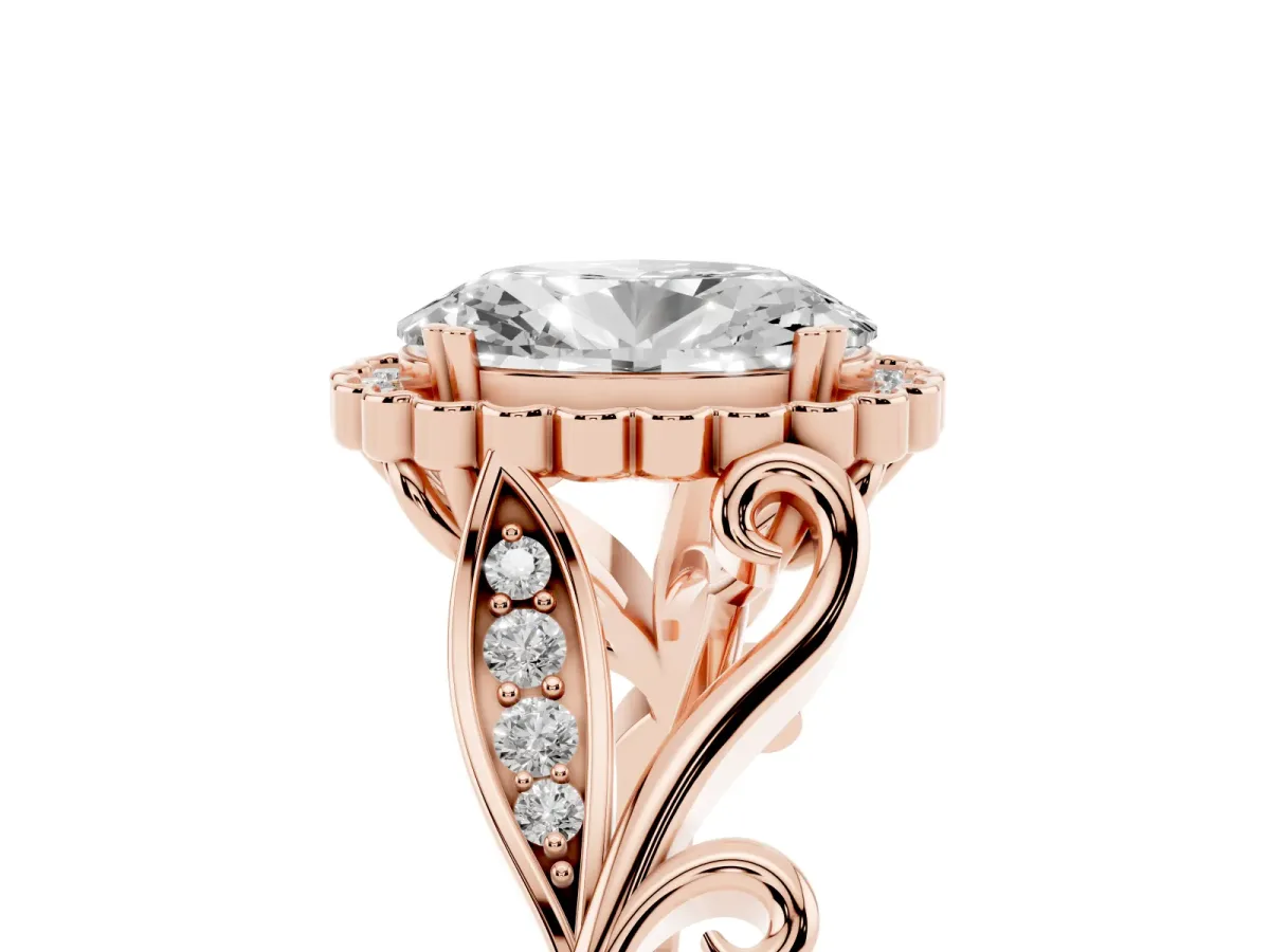 Oval Cut Diamond Halo Ring with Vintage Split Shank and Four-Prong Setting Rose gold