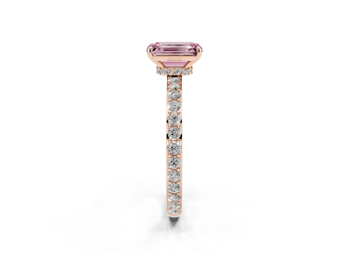 Fancy Pink Emerald Cut Diamond Pavé Engagement Ring with Round Accents and Prong Setting Rose gold