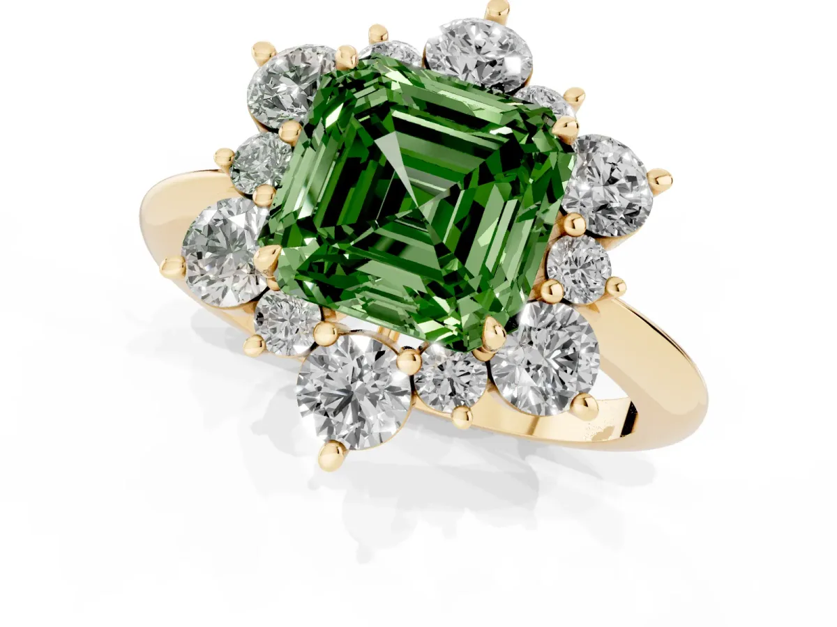 Fancy Green Asscher Cut Diamond Cluster Halo Ring with Solitaire Band and Four-Prong Setting Yellow gold