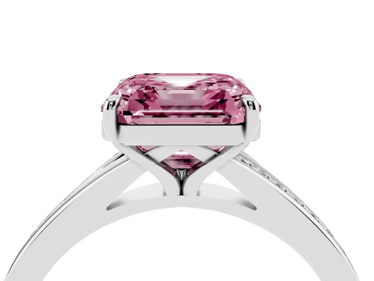 Fancy Pink Asscher Cut Diamond Solitaire Ring with Pavé Band and Prong Setting Silver
