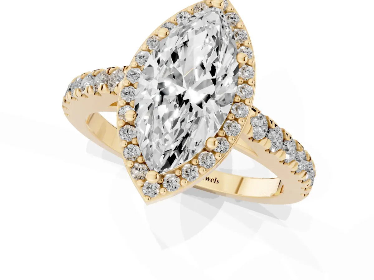 Marquise Cut Cut Halo Diamond Engagement Ring with Pave Band and Four-Prong Setting Yellow gold