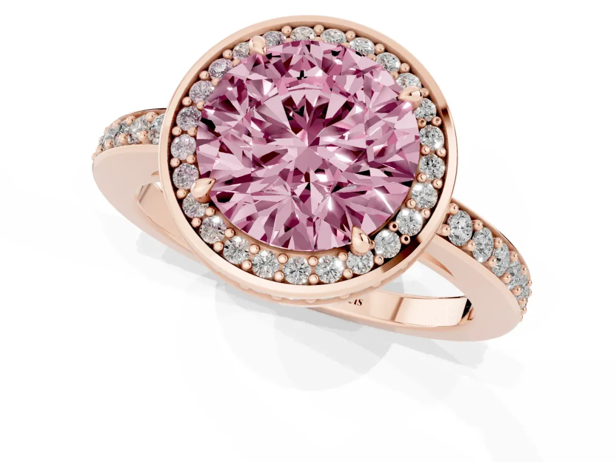 Fancy Pink Round Cut Halo Pave Band Solitaire Ring with Prong Setting Rose gold