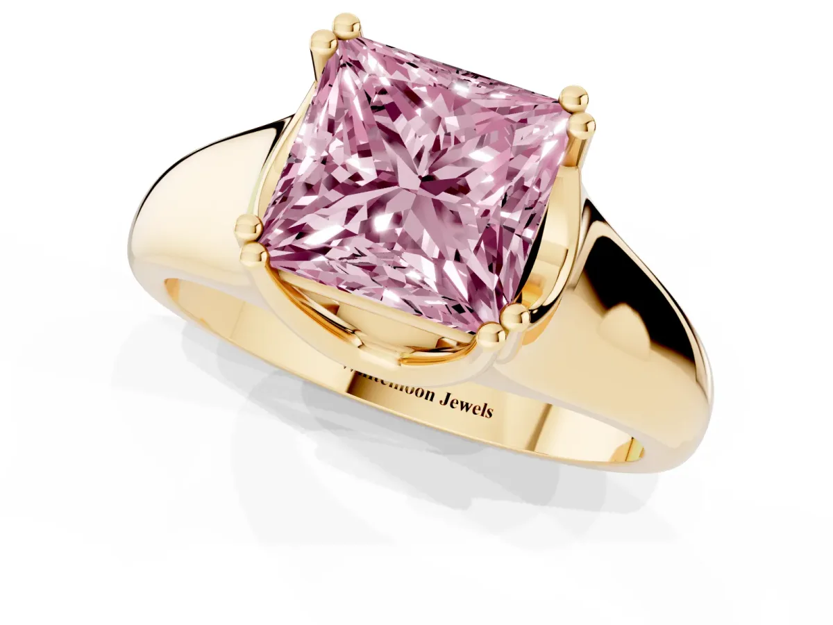 Fancy Pink Princess Cut Diamond Solitaire Ring with Wide Band and Prong Setting Yellow gold