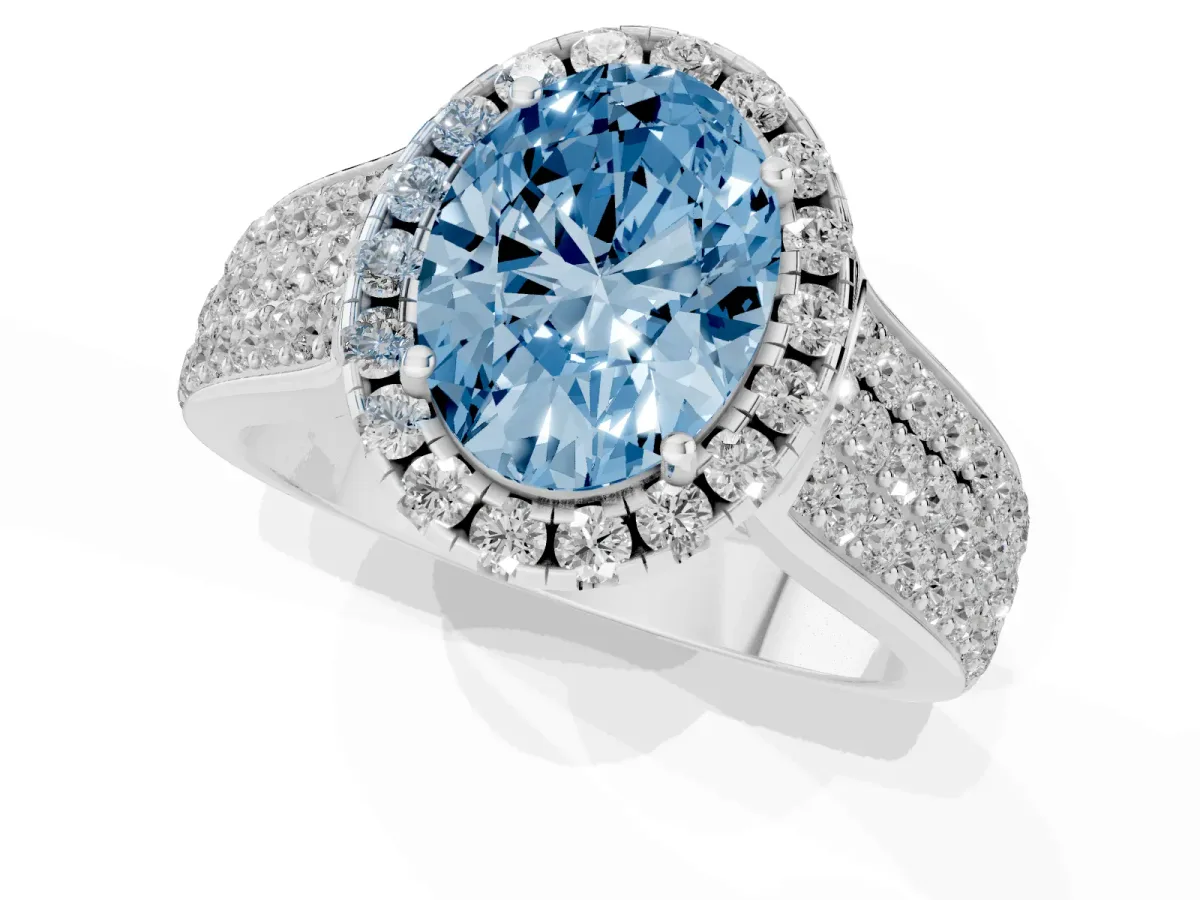 Fancy Blue Oval Cut Halo Round Diamond Pave Band with Prong Setting White gold
