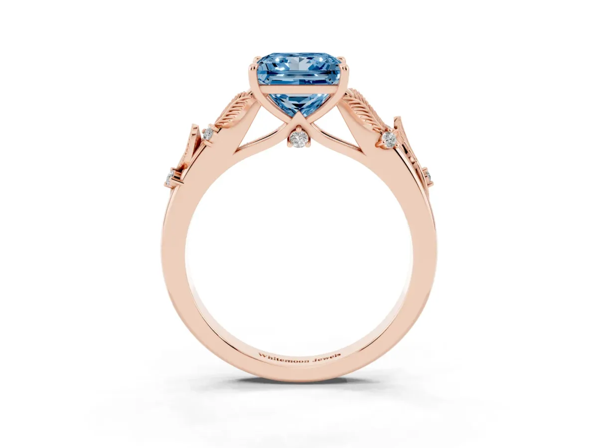 Fancy Blue Princess Cut Diamond Solitaire Ring with Leaf Motif Band and Four-Prong Setting Rose gold