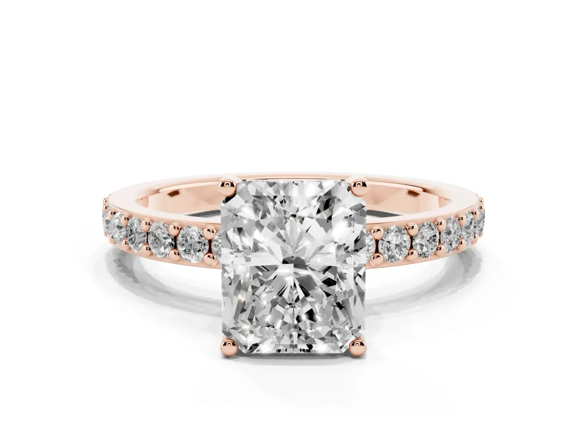 Radiant Cut Cut Diamond Solitaire with Pave Band and Four-Prong Setting Rose gold