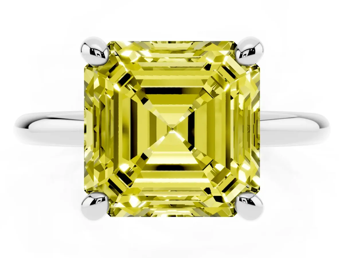Fancy Yellow Asscher Cut Solitaire Diamond Ring with Four-Prong Setting on a Plain Band Platinum