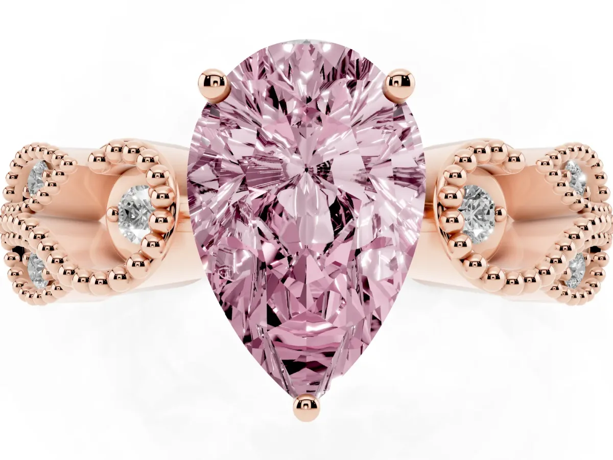 Fancy Pink Pear Cut Solitaire Milgrain Leaf Band with Prong Setting Rose gold