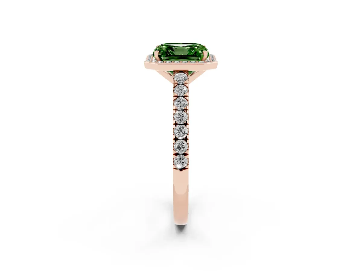 Fancy Green Asscher Cut Cut Halo Diamond Engagement Ring with Pave Band and Four-Prong Setting Rose gold