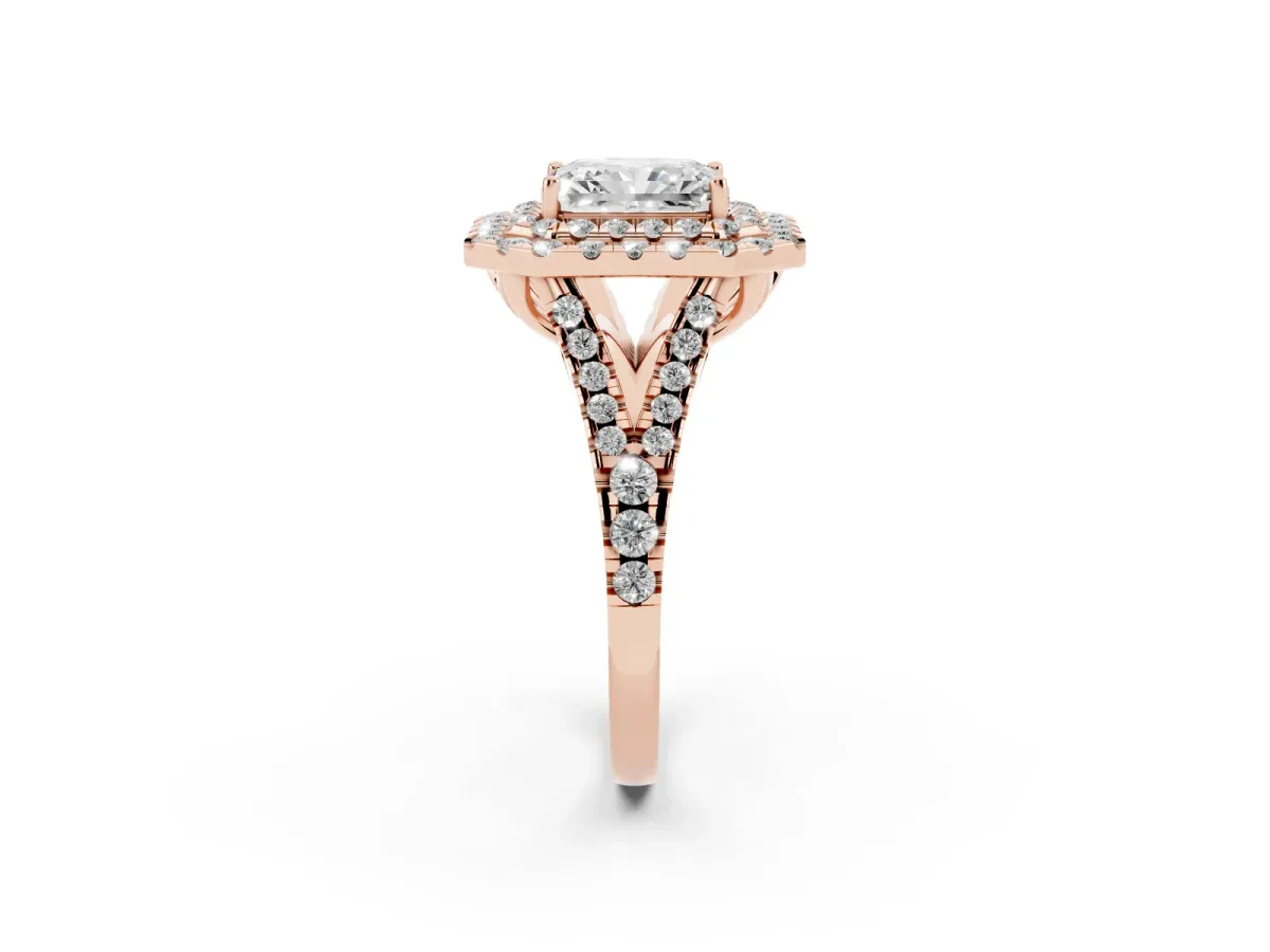 Double Halo Radiant Cut Diamond Pavé Split Shank Ring with Prong Setting Rose gold