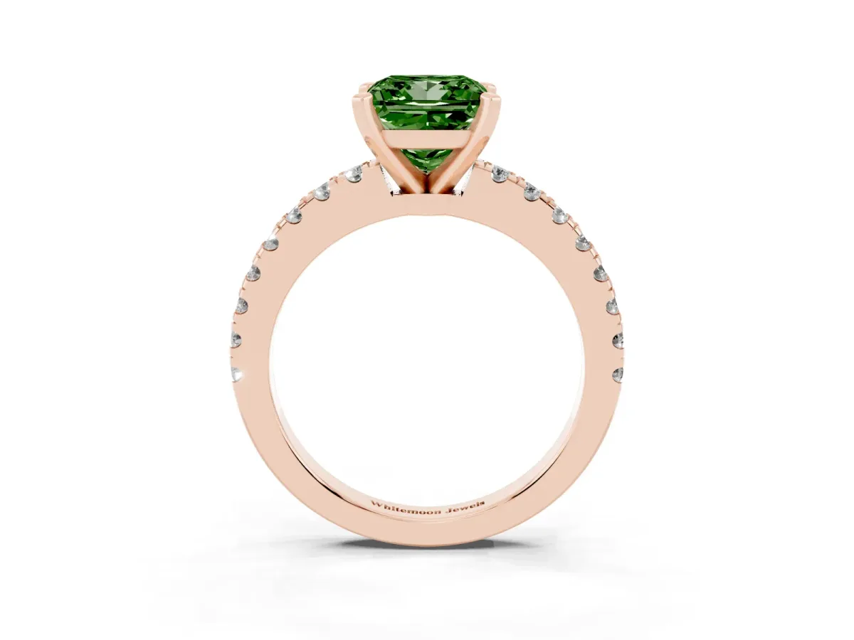 Fancy Green Princess Cut Solitaire Diamond with Pavé Band and Four-Prong Setting Rose gold