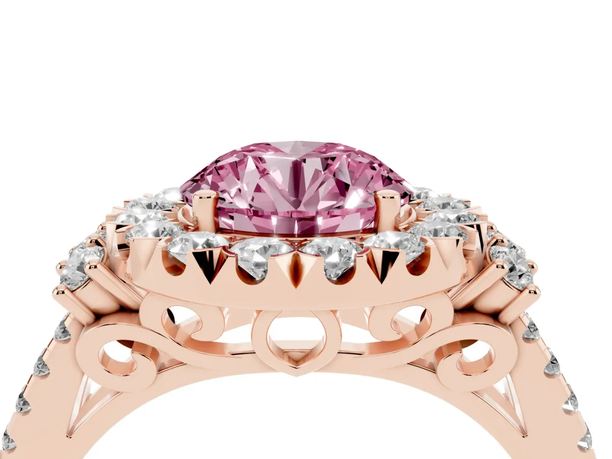 Fancy Pink Round Cut Cut Double Halo Diamond Engagement Ring with Pave Band and Four-Prong Setting Rose gold