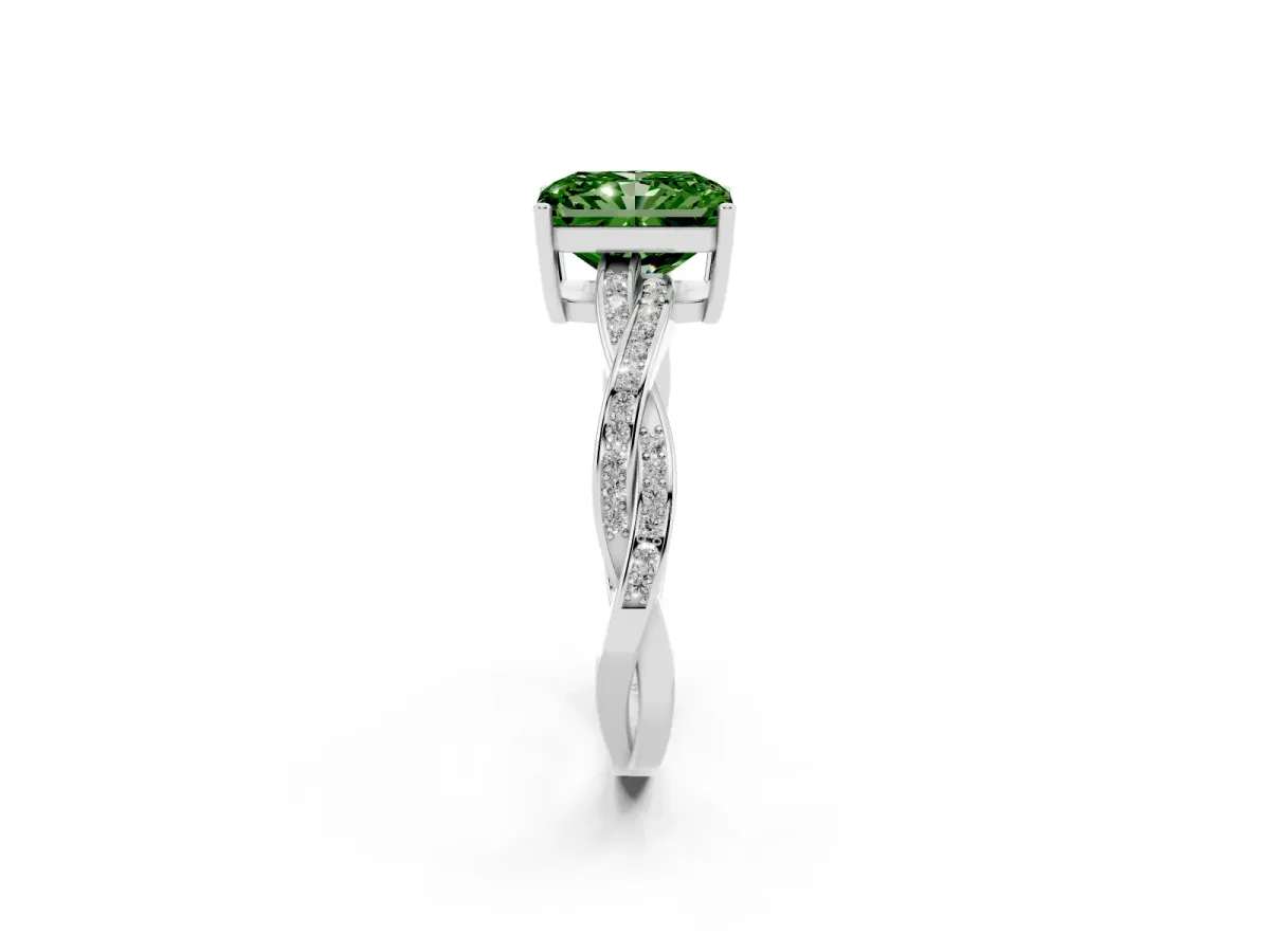 Fancy Green Radiant Cut Solitaire Twisted Pave Diamond Ring with Four-Prong Setting White gold