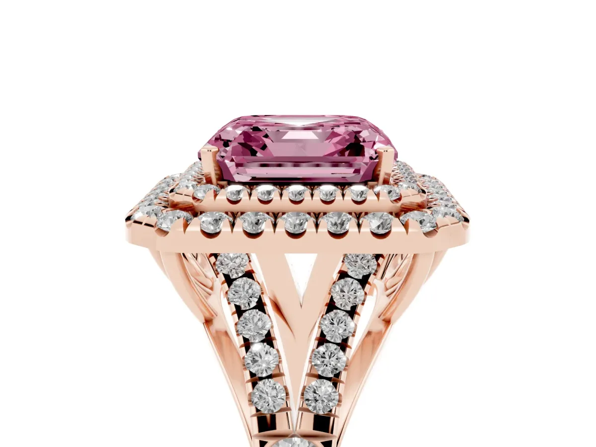 Fancy Pink Asscher Cut Cut Double Halo Split Shank Diamond Ring with Prong Setting Rose gold