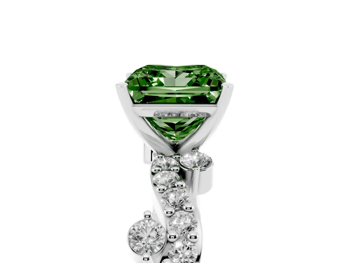 Fancy Green Princess Cut Cut Solitaire Diamond Twisted Band with Pave Setting Platinum