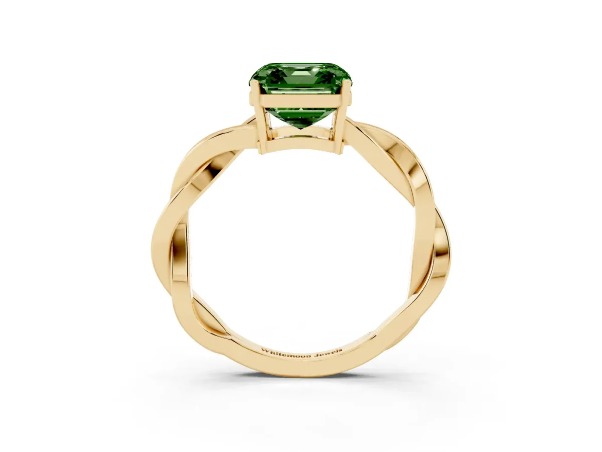 Fancy Green Asscher Cut Solitaire Twisted Pave Diamond Ring with Four-Prong Setting Yellow gold