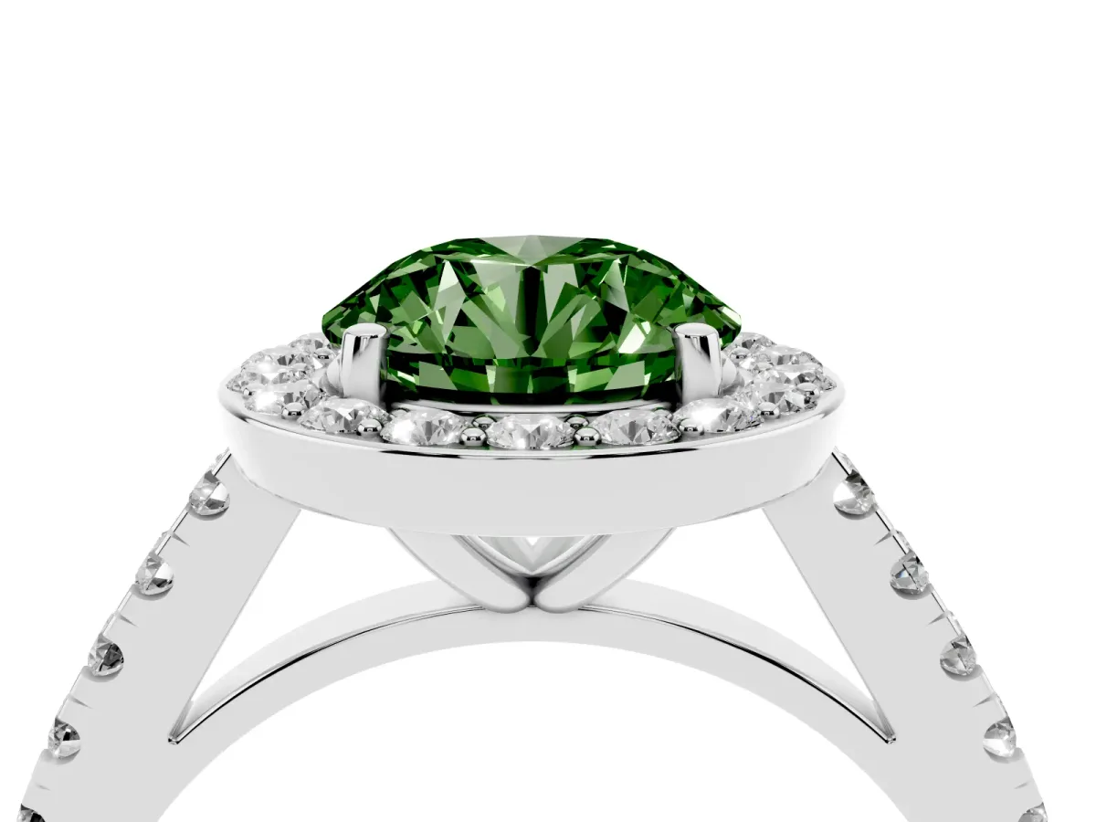 Fancy Green Round Cut Diamond Halo Ring with Round Pavé Split Shank and Prong Setting Silver