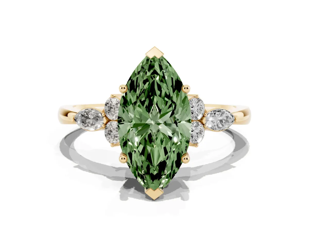 Fancy Green Marquise Cut Brilliant Diamond Solitaire Ring with Pear Side Stones and Four-Prong Setting Yellow gold