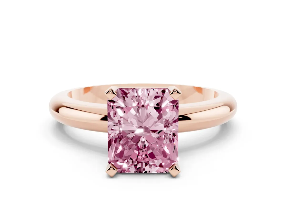 Fancy Pink Radiant Cut Diamond Solitaire Engagement Ring with Round Band and Four-Prong Setting Rose gold